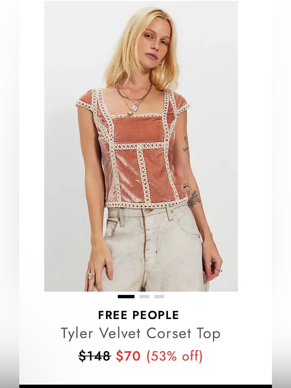 Free People Tyler Velvet Corset Top — Dusty Rose with Cream Lace
